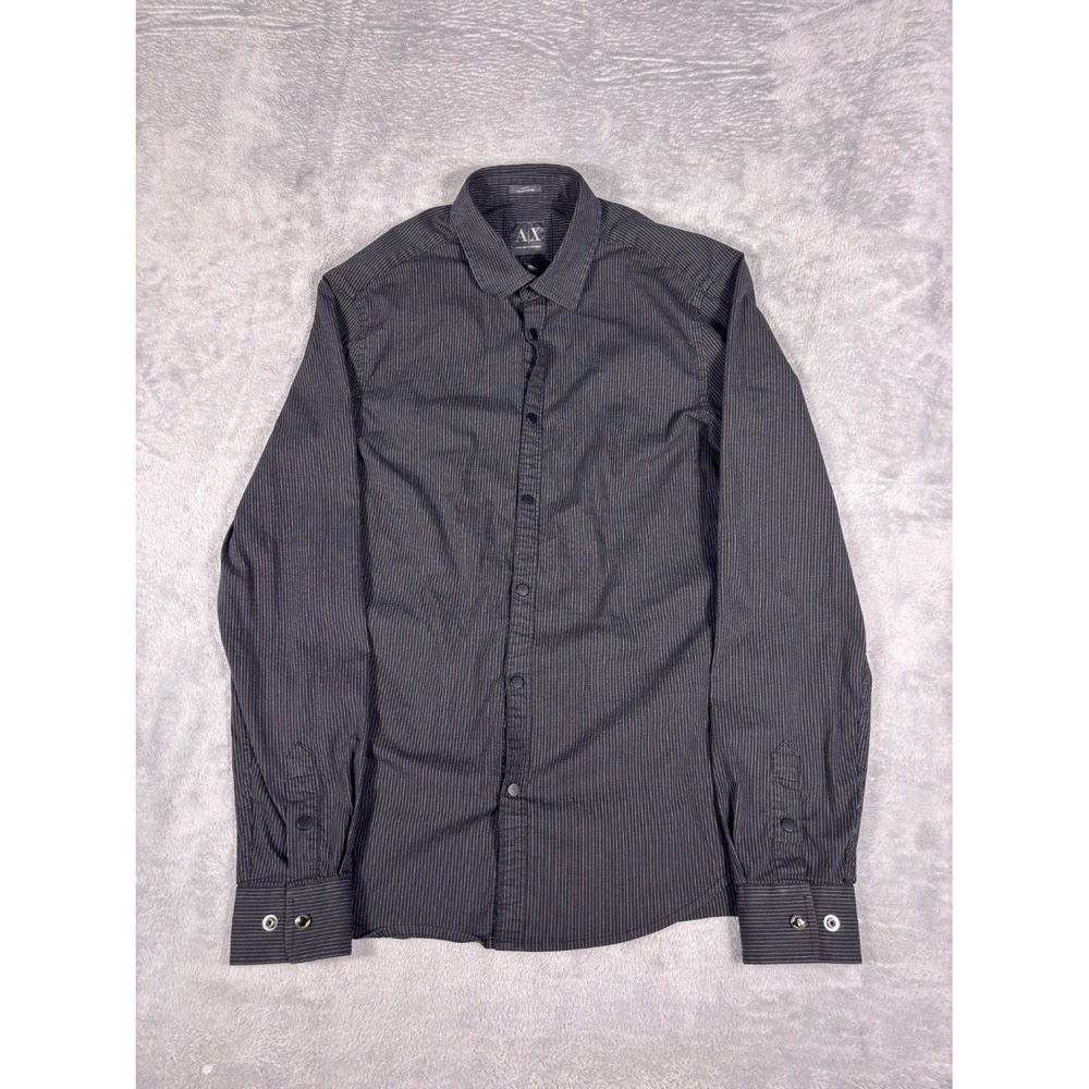 Armani Exchange Mens Pinstripe Snap Button Shirt S Black Striped Long Sleeve